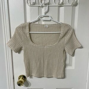 Aritzia Wilfred Beige Checkered Short Sleeve Top